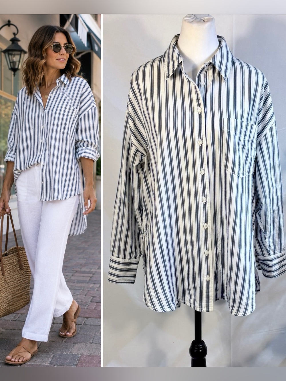 💥Maeve Anthropologie Bennet Blue Striped Oversized Button Down Shirt Sz M🧡